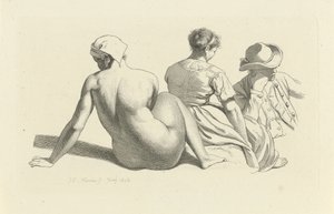ورقة دراسة عليها صورة عارية وشخصيتين جالستين دراسة عمل الطباعة / Etudes Gravées (عنوان السلسلة) بواسطة جاكوب إرنست ماركوس