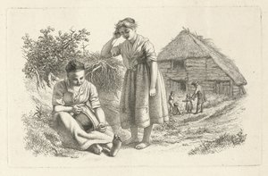 امرأتان ورجل مع أطفال أمام حظيرة دراسة عمل الطباعة / Etudes Gravées (عنوان السلسلة) بواسطة جاكوب إرنست ماركوس