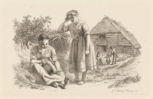 امرأتان ورجل مع أطفال أمام حظيرة دراسة مطبوعة / Etudes Gravées (عنوان السلسلة) بواسطة جاكوب إرنست ماركوس