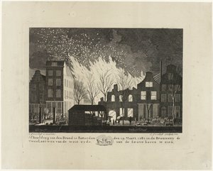 حريق في مصنع الجعة De Twee Leeuwen في روتردام ، 1782 صورة دن براند في روتردام في 19 مارس 1782 في Brouwery de Twee Leeuwen على الجانب الغربي من Leuvehaven (العنوان على الجسم) بواسطة جاكوب جرونينديك