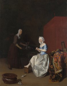 سيدة شابة تقطع أظافرها ، بحضور الخادمة ، ج. 1670 بواسطة جاكوب لوكاس. Ochtervelt