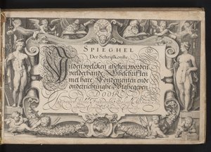 طباعة العنوان بإطار حد استعاري وعنوان مكتوب بخط اليد Spieghel der schriftkonste ، inden welcken ghesien ، تم تقديم العديد من الكتابات مع أسسها وتعاليمها (...) روتردام. Anno 1605 (عنوان السلسلة على الكائن) بواسطة يعقوب ماثام