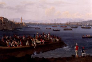 The Bay of Naples near Santa Lucia Showing the Naval Fleets Returning from Algiers بواسطة جاكوب فيليب هاكيرت