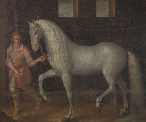 حصان الحرب الاسباني فرس حرب إسباني أسره لوديويجك غونتر فان ناسو من الأرشيدوق ألبرت في النمسا في معركة نيوبورت وتم تقديمه إلى الأمير موريتس بواسطة جاكوب دي غين (الثاني)