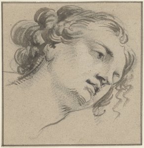 رأس امرأة بشعر مجعد ، ثلاثة أرباع إلى اليمين ومنحنية إلى الأمام