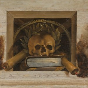 Vanitas Still Life with Skull with Laurel إكليل وكتاب وشمعتين مشتعلتين بواسطة يعقوب فان كامبين
