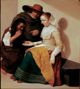 لوحة العراف بواسطة جاكوب فان فيلسن (بعد 1625-ج. 1656) 1631 صن. 26x23 سم باريس ، متحف اللوفر - عراف الحظ ، لجاكوب فان فيلسن (بعد 1625 - 1656). زيت على نحاس ٢٦ × ٢٣ سم بواسطة يعقوب فان فيلسن