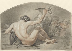 رجل جالس عاريًا ، يده على مقبض إناء