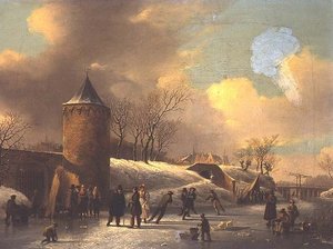 المتزلجين على مجرى مائي مجمد بجانب برج بواسطة Jacobus van der Stok