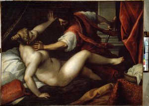 Tarquin و Lucretia (Tarquinius و Lucretia). اغتصب Sextus Tarquinius Lucretius ، وهو حدث كان من شأنه أن يؤدي إلى سقوط النظام الملكي وبداية الجمهورية في روما القديمة ، في عام 509 قبل الميلاد. لوحة جاكوبو بالما إل جيوفاني (الشاب بواسطة جاكوبو إل جيوفاني بالما