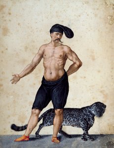 Young African man standing at front, half-dressed wearing long berretta (cap) on his head, with tiger behind him, drawing by Jacopo Ligozzi (1547-1627) بواسطة جاكوبو ليغوزي