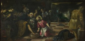 المسيح يغسل أقدام التلاميذ ، كاليفورنيا. 1575 بواسطة جاكوبو روبوستي تينتوريتو