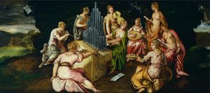 مسابقة بين Muses و Pierides ، بواسطة Jacopo Robusti المعروف باسم Tintoretto (1519-1594) ، زيت على لوح ، 46x91 سم