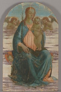 العذراء والطفل مع الملائكة جالسين على الغيوم بواسطة Jacopo del Sellaio