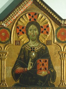 المخلص ، تفاصيل من Redeemer with Madonna and three Saints ، بواسطة Meliore Toscano أو Meliore di Jacopo (حوالي 1255-1285) ، تمبرا وذهبية على لوح ، 85x210 سم بواسطة جاكوبو دي ميليوري
