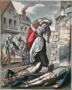 نساء يساعدن الجرحى خلال الثورة الفرنسية ، نقش لابروس ، حوالي 1795 (نقش ملون) بواسطة جاك (بعد) Grasset de Saint-Sauveur