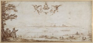 A View of Toul across the Plain, Landscape with Figures, the Sky with the Arms of Porcellets (pen & brown ink on vellum) بواسطة جاك كالوت