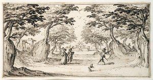 A fine lady and gentleman dancing in the woods to a lute, a chateau in the distance (pen & brown ink on paper) بواسطة جاك كالوت