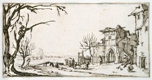 A haywain being brought to the medieval gate of a village, a man lopping a branch, from an album belonging to Israel Silvestre, c.1630 (pen & ink on paper) بواسطة جاك كالوت