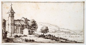 A river landscape close to Nancy, with Maxeville village church and another in the middle distance, from an album belonging to Israel Silvestre, c.1630 (pen & ink on paper)