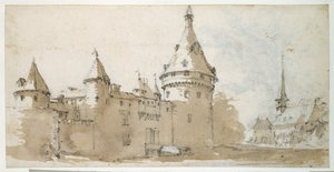 A turreted chateau and a church (brown & grey wash over black chalk on paper) بواسطة جاك كالوت