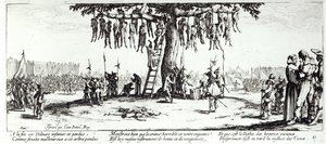 الشنق ، اللوحة 11 من "بؤس الحرب ومآسيها" ، نقشها إسرائيل هنرييت (c.1590-1661) 1633 بواسطة جاك كالوت