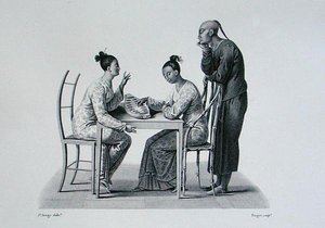 الصينية تلعب Tchonka في كوبانج ، تيمور ، من 'Voyage Autour du Monde sur les Corvettes de L'Uranie 1817-20' محفور بواسطة Forget ، نُشر عام 1825 (نقش) بواسطة جاك إتيان فيكتور (بعد) أراجو