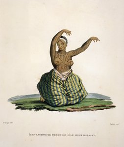 امرأة راقصة من جزيرة ماوي في جزر هاواي ، نقشها بارفيت أوجراند (مواليد 1782)