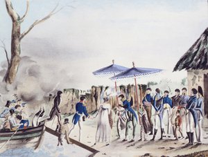 Rose de Freycinet وزوجها يصلان إلى ديلي ، تيمور ، من "Journal de voyage around le monde a bord de l&39;Uranie، 1817-1820" ، نُشر عام 1927