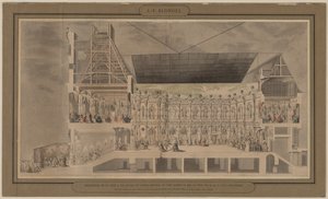 يُنظر إلى المقطع العرضي لـ Hôtel de Ville من منظور يُظهر زخرفة وإضاءة الفناء والغرف التي تم إنشاؤها بمناسبة الكرة في ليلة 30 و 31 أغسطس 1739