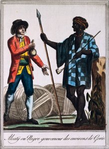 الكاتي ، زعيم قبيلة جوري ، السنغال ، نقش من رسم لابروس (نشط 1796) ، من Encyclopedie des Voyages ، بقلم جاك غراسيت دي سان سوفور (1757-1810) بواسطة جاك غراسيت دي سانت سوفير