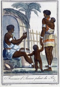 Women of Issinie pounding the rice - in “” Encyclopedia of Travels”” by Grasset St Sauveur, ed. 1796 بواسطة جاك غراسيت دي سانت سوفير