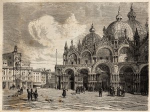 ساحة وكنيسة القديس مرقس (القديس مرقس) ، رسمهما جاك جيو (1810-1876) ، لتوضيح رحلة أدالبرت دي بومونت إلى البندقية ، حوالي عام 1850. نقش في "" Le tour du monde "، حرره إدوارد شارتون