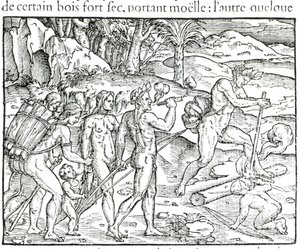 السكان الأصليين الهنود يشعلون النار بعد الصيد ، نقشها تيودور دي بري (1525-1575) بواسطة جاك لو موين