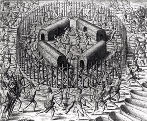 يوهانس ستادن يساعد على الدفاع عن الهنود الذين أسروه ضد Tuppin Tkins ، الذي نقشه تيودور دي بري (1528-98) ، من "الأمريكتين" ، 1590 بواسطة جاك لو موين