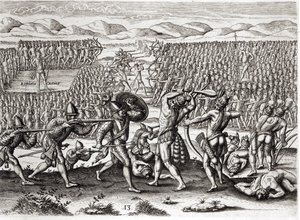 Outina يهزم باتانو بمساعدة الفرنسيين ، فلوريدا ، 1564 ، من &39;Brevis Narratio&39; منقوش بواسطة Theodore de Bry (1528-98) 1591 (انظر أيضًا 223425 und 173458) بواسطة جاك لو موين