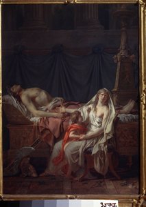 "" أندروماش الحداد هيكتور "(أندروماش ينعي هيكتور). يُطلق عليه أيضًا "ألم أندروماش على جسد زوجها هيكتور وندم عليه". Andromaque وابنها Astyanax أمام جثة هيكتور ، قتلا خلال حرب طروادة. اللوحة بواسطة جاك بواسطة جاك لويس ديفيد