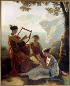 الشاعر اليوناني صافو (سافو) يعزف على القيثارة واثنين من رفاقها لوحة جاك لويس جراندين (1780-؟) 1808 باريس ، متحف مارموتان بواسطة جاك لويس ميشيل جراندين