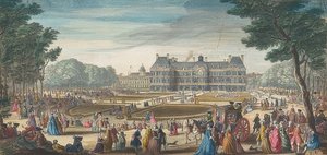 قصر لوكسمبورغ في باريس ، ينظر إليه من الحديقة. 1729