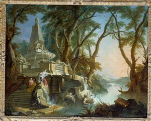 منظر طبيعي يؤلف أو "النهر" نافورة هرمية مع كسر تمثال نبتون. رسم جاك دي لاجوي (1686-1761) القرن الثامن عشر. 0،81 × 1،01 م
