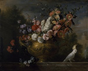 Still life with flowers in an urn, with a cockatoo, on a ledge, c.1699 (oil on canvas) بواسطة يعقوب بوجداني أو بوجداني