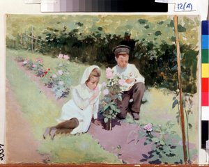 "" Au rosier "" طفلان في حديقة ورود. رسم ياكوف كالينيتشينكو (1869-1938) 1908 الدولة الإقليمية الأولى متحف بوزالوستين للفنون ، رياسان