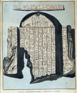 تم العثور على جدول للهيروغليفية في أكسوم (أكسوم) - في "" رحلة في النوبة والحبشة لاكتشاف منابع النيل خلال الأعوام 1768 إلى 1772 "، بقلم جيمس بروس ، المجلد الأول ، باريس بواسطة جيمس بروس