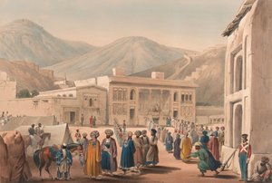 "دوربار خانه لشاه شوجا أول مالك ، في كابول [كذا]" ، حوالي ١٨٤٠ (طباعة حجرية ، ملون) بواسطة جيمس (بعد) أتكينسون