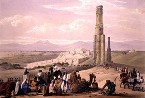 حصن وقلعة غونزي والمينار ، من "اسكتشات في أفغونستان" ، نقشها تشارلز هاغي (1810-188) ولويس هاغي (1806-1885) نشره هنري جريفز بواسطة جيمس (بعد) أتكينسون