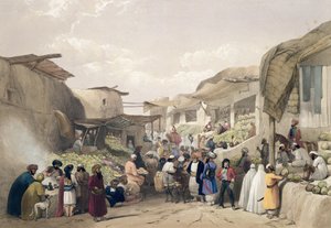 الشارع الرئيسي في البازار في كوبول ، في موسم الفاكهة ، من "اسكتشات في أفغانستان" ، نقشها تشارلز هاجي (1810-188) ولويس هاغي (1806-1885) نشره هنري جريفز