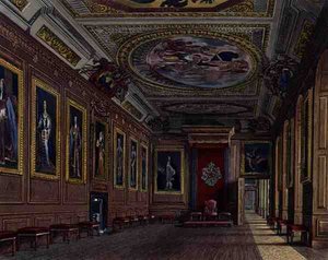 غرفة حضور الملك ، قلعة وندسور ، من "Royal Residences" ، نقش بواسطة WJ Bennett ، حانة. بقلم ويليام هنري باين (1769-1843) بواسطة جيمس (بعد) ستيفانوف