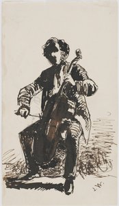 السير سيمور هادن يعزف على التشيلو ، c.1855 (قلم رصاص وقلم وحبر على ورق بيج) بواسطة جيمس أبوت ماكنيل ويسلر