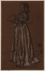 تمثال واقف مع مروحة، حوالي 1873/1876 (طباشير أبيض وأسود على ورق بني) بواسطة James Abbott McNeill Whistler