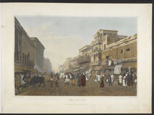 منظر في البازار يؤدي إلى طريق شيتبور ، من "مناظر لكلكتا وضواحيها" 1826 (مائي ملون يدويًا) بواسطة جيمس بيلي (بعد) فريزر
